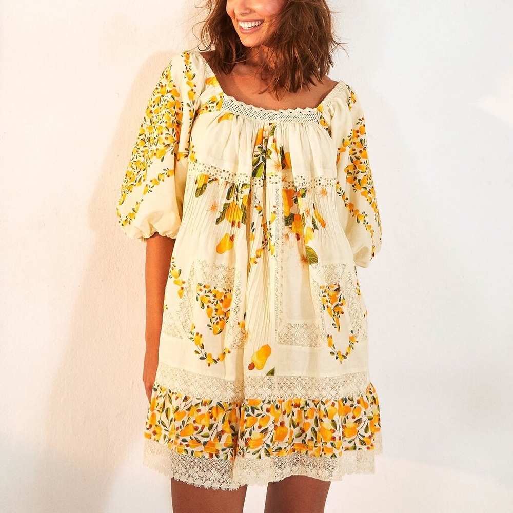 Farm Rio Off White Cashew Floral Babydoll Mini Dress
